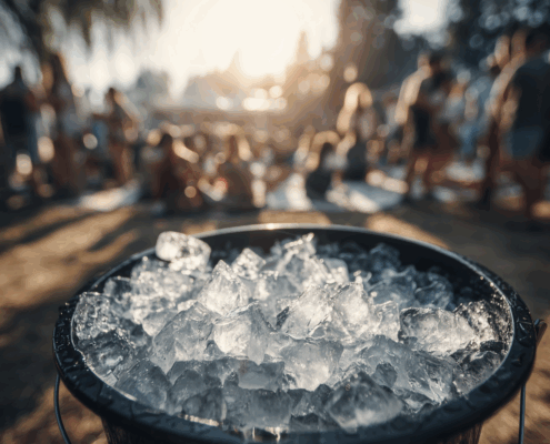 Sceau de glace au premier plan avec des personnes en fête à l’arrière-plan, illustrant la convivialité et la fraîcheur d’un événement.
