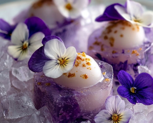 Délice glacé aux fleurs violets, présenté avec des flocons de sucre d'or sur glace fraîche, offrant une belle alliance de saveur et d'esthétique.