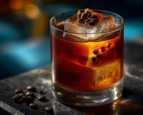 Un verre de cocktail avec de la glace et des graines de passion, posé sur une surface sombre avec des grains de café à côté, dans un environnement lumineux et festif.